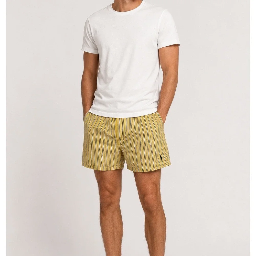 Polo Ralph Lauren Men Yellow Cotton Striped Boxer Lounge Shorts L Preppy Classic